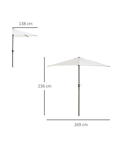 Outsunny 2.7m Balcony Half Parasol 5 Steel Ribs Construction Garden Outdoor Umbrella Cream White 84D-007CW