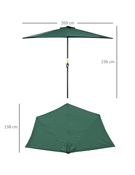 Outsunny 2.7m Balcony Half Parasol 5 Steel Ribs Construction Garden Outdoor Umbrella Green 84D-007GN - pic 47832 | FastDaddyshop