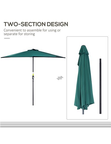 Outsunny 2.7m Balcony Half Parasol 5 Steel Ribs Construction Garden Outdoor Umbrella Green 84D-007GN