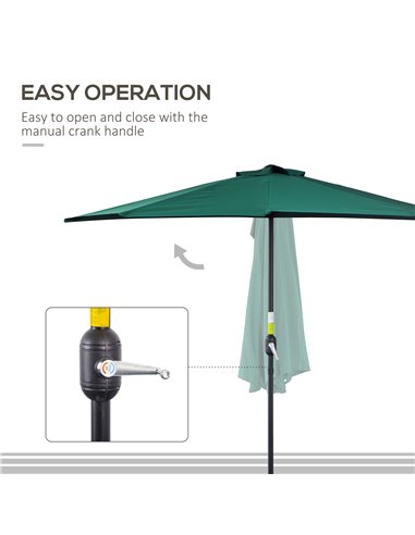Outsunny 2.7m Balcony Half Parasol 5 Steel Ribs Construction Garden Outdoor Umbrella Green 84D-007GN