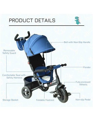 HOMCOM Baby Ride on Tricycle W/Canopy-Blue