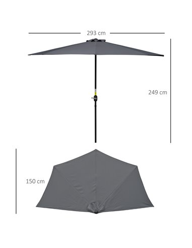 Outsunny 3 m Half Round Umbrella Parasol-Grey Polyester/Aluminum 84D-008GY