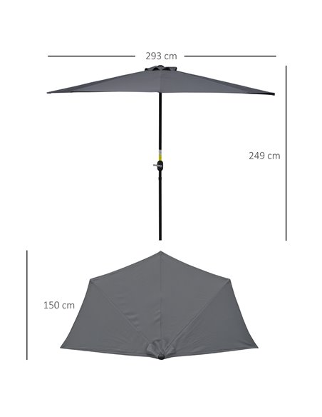 Outsunny 3 m Half Round Umbrella Parasol-Grey Polyester/Aluminum 84D-008GY - pic 47850 | FastDaddyshop