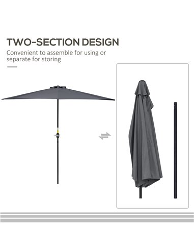 Outsunny 3 m Half Round Umbrella Parasol-Grey Polyester/Aluminum 84D-008GY