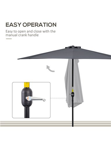 Outsunny 3 m Half Round Umbrella Parasol-Grey Polyester/Aluminum 84D-008GY