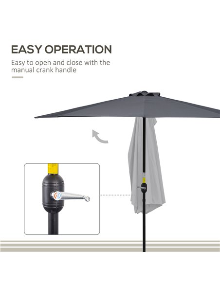 Outsunny 3 m Half Round Umbrella Parasol-Grey Polyester/Aluminum 84D-008GY - pic 47852 | FastDaddyshop