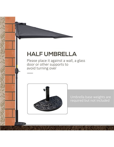 Outsunny 3 m Half Round Umbrella Parasol-Grey Polyester/Aluminum 84D-008GY - pic 47853 | FastDaddyshop