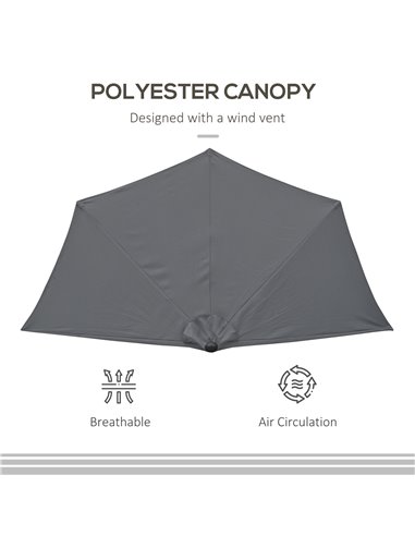 Outsunny 3 m Half Round Umbrella Parasol-Grey Polyester/Aluminum 84D-008GY