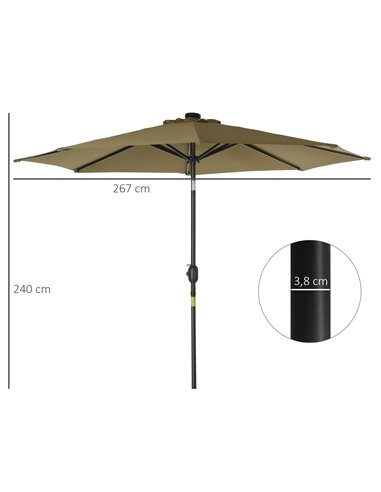 Outsunny 24 LED Solar Powered Parasol Umbrella-Brown  84D-018BN