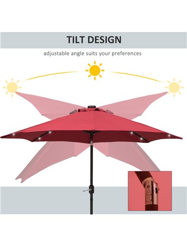 Outsunny 24 LED Solar Powered Parasol Umbrella-Wine Red 84D-018WR