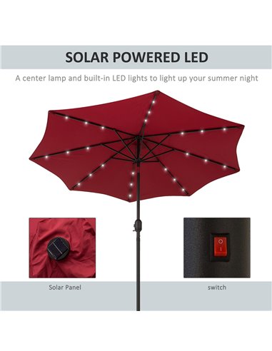 Outsunny 24 LED Solar Powered Parasol Umbrella-Wine Red 84D-018WR