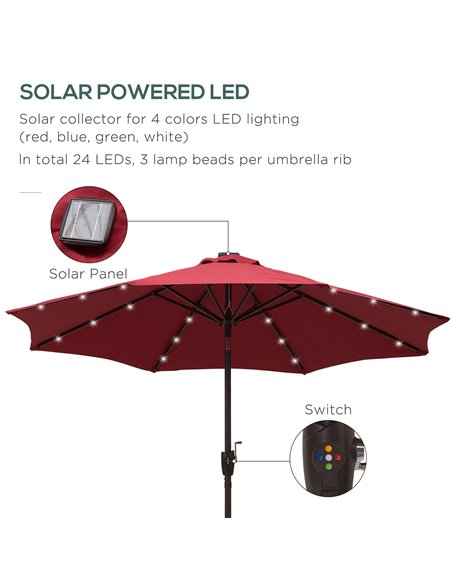 Outsunny Φ2.7m Garden 24 LED Light Parasol Solar Outdoor Tilt Sun Umbrella Patio Club Party Event Manual Sun Shade w/ Hand Crank - pic 47915 | FastDaddyshop