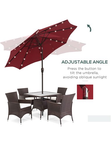 Outsunny Φ2.7m Garden 24 LED Light Parasol Solar Outdoor Tilt Sun Umbrella Patio Club Party Event Manual Sun Shade w/ Hand Crank