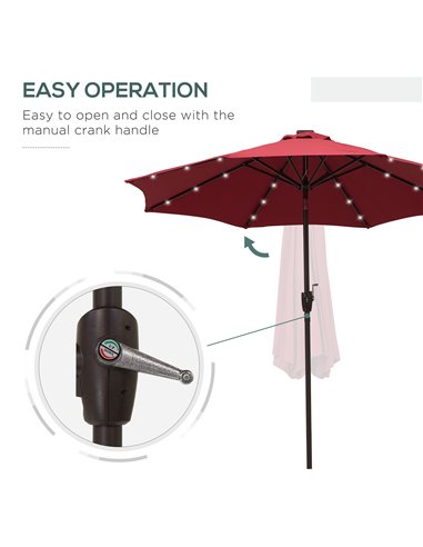 Outsunny Φ2.7m Garden 24 LED Light Parasol Solar Outdoor Tilt Sun Umbrella Patio Club Party Event Manual Sun Shade w/ Hand Crank