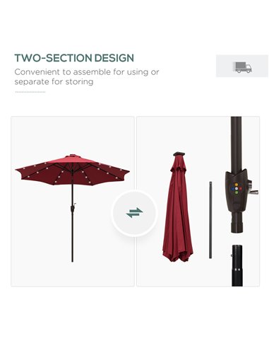 Outsunny Φ2.7m Garden 24 LED Light Parasol Solar Outdoor Tilt Sun Umbrella Patio Club Party Event Manual Sun Shade w/ Hand Crank