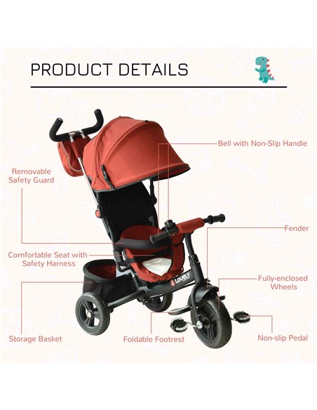 HOMCOM Baby Ride on Tricycle W/Canopy-Red - pic 4793 | FastDaddyshop