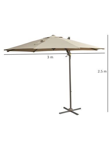 Outsunny 3M Cantilever Patio Parasol Roma Umbrella Hanging Sun Shade Canopy Cover Tilt Crank 360 Degree Rotating System Khaki 84