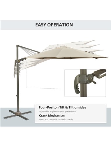 Outsunny 3M Cantilever Patio Parasol Roma Umbrella Hanging Sun Shade Canopy Cover Tilt Crank 360 Degree Rotating System Khaki 84