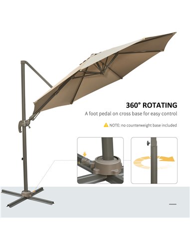 Outsunny 3M Cantilever Patio Parasol Roma Umbrella Hanging Sun Shade Canopy Cover Tilt Crank 360 Degree Rotating System Khaki 84