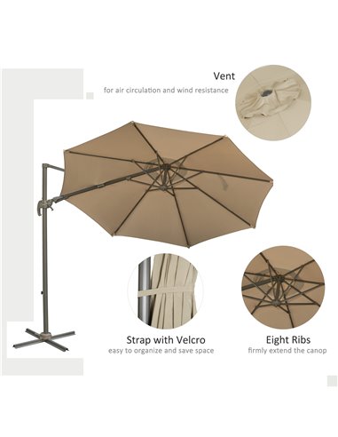 Outsunny 3M Cantilever Patio Parasol Roma Umbrella Hanging Sun Shade Canopy Cover Tilt Crank 360 Degree Rotating System Khaki 84