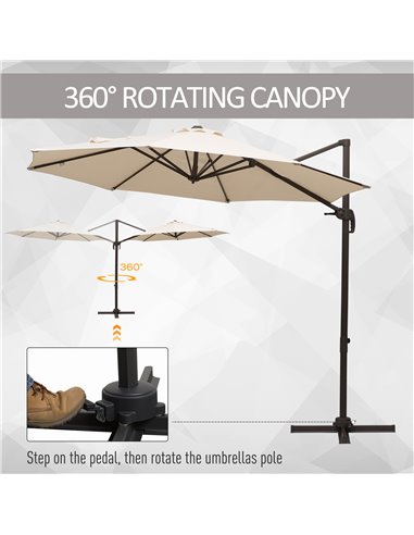 Outsunny 3M Banana Parasol Hanging Cantilever Umbrella W/ Cross Base Hand Crank Aluminium Frame 360°Rotation Hand Crank-Beige 84