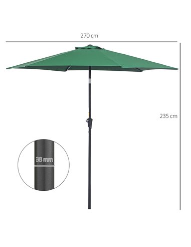 Outsunny 2.7M Tilting Parasol Sun Parasol Outdoor Garden Umbrellas Sun Shade Aluminium Frame with Crank（Green） 84D-032GN