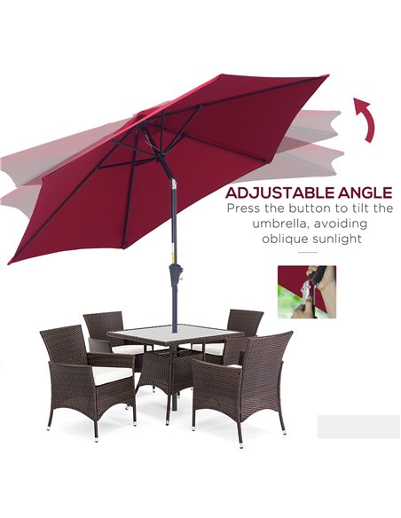 Outsunny 2.7M Tilting Parasol Sun Parasol Outdoor Garden Umbrellas Sun Shade Aluminium Frame with Crank（Wine Red） 84D-032WR - pic 47987 | FastDaddyshop