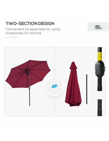 Outsunny Φ2.6M Umbrella Parasol-Red 84D-023WR
