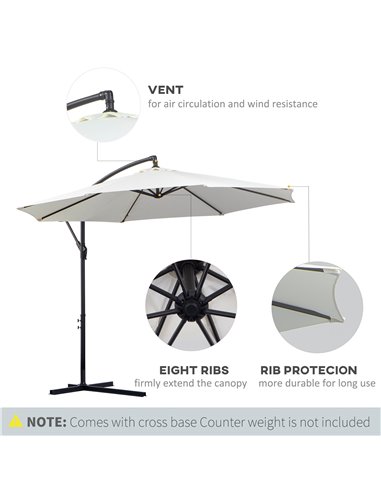 Outsunny 3(m) Garden Banana Parasol Hanging Cantilever Umbrella with Crank Handle, 8 Ribs and Cross Base for Outdoor, Sun Shade,