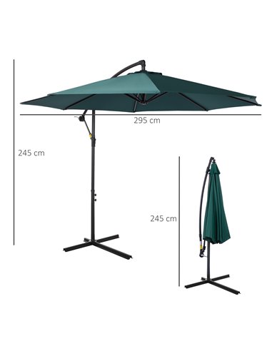 Outsunny 3(m) Banana Parasol Hanging Cantilever Umbrella with Crank Handle, 8 Ribs and Cross Base for Outdoor, Sun Shade, Dark G