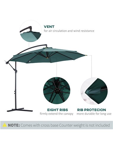 Outsunny 3(m) Banana Parasol Hanging Cantilever Umbrella with Crank Handle, 8 Ribs and Cross Base for Outdoor, Sun Shade, Dark G