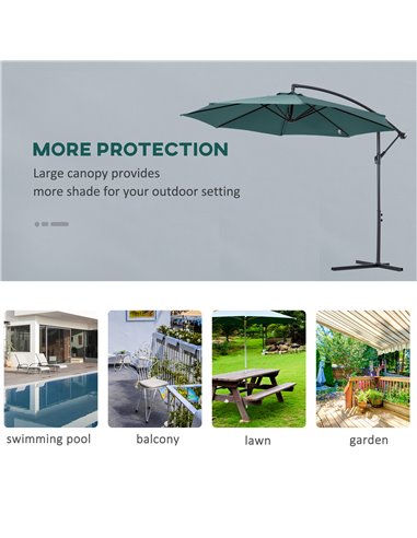 Outsunny 3(m) Banana Parasol Hanging Cantilever Umbrella with Crank Handle, 8 Ribs and Cross Base for Outdoor, Sun Shade, Dark G