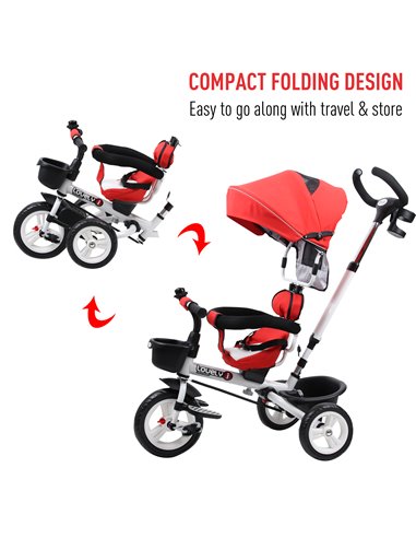HOMCOM 4-in-1 Kids Tricycle Stroller W/ Canopy-Red
