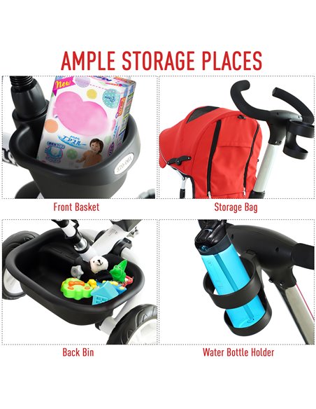 HOMCOM 4-in-1 Kids Tricycle Stroller W/ Canopy-Red - pic 4809 | FastDaddyshop