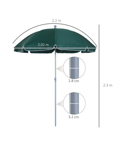 Outsunny Beach Umbrella Parasol,φ2.2m, Steel-Dark Green 84D-039GN