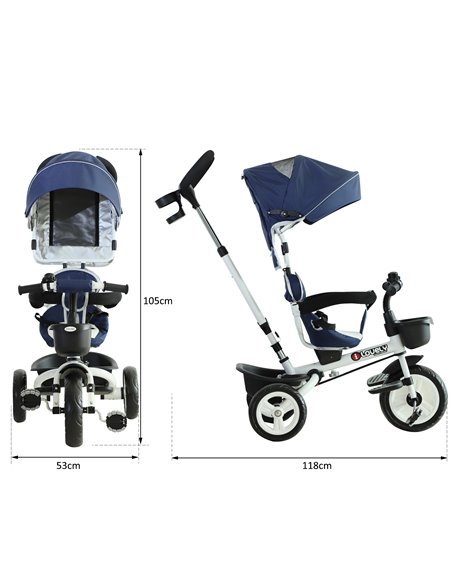 HOMCOM 4-in-1 Kids Tricycle Stroller W/ Canopy-Blue - pic 4813 | FastDaddyshop