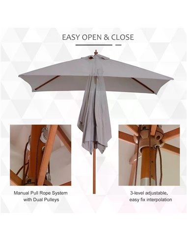 Outsunny 2m x 1.5m Patio Garden Parasol Sun Umbrella Sunshade Canopy Outdoor Backyard Furniture Fir Wooden Pole 6 Ribs Tilt Mech