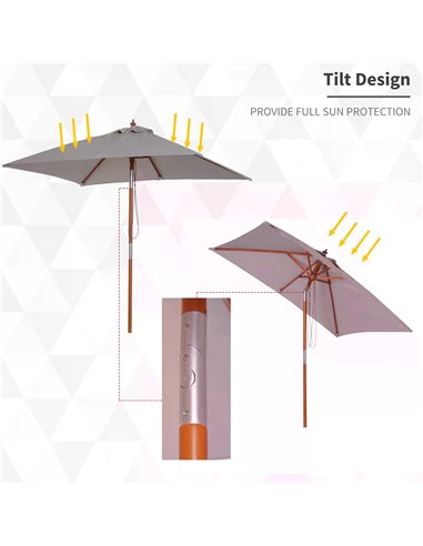 Outsunny 2m x 1.5m Patio Garden Parasol Sun Umbrella Sunshade Canopy Outdoor Backyard Furniture Fir Wooden Pole 6 Ribs Tilt Mech