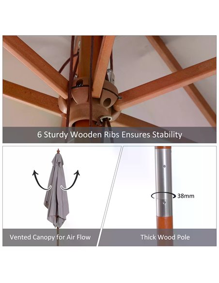 Outsunny 2m x 1.5m Patio Garden Parasol Sun Umbrella Sunshade Canopy Outdoor Backyard Furniture Fir Wooden Pole 6 Ribs Tilt Mech - pic 48159 | FastDaddyshop