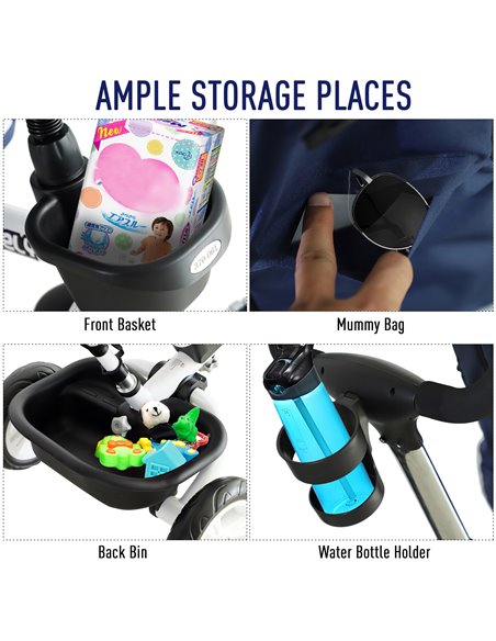 HOMCOM 4-in-1 Kids Tricycle Stroller W/ Canopy-Blue - pic 4819 | FastDaddyshop