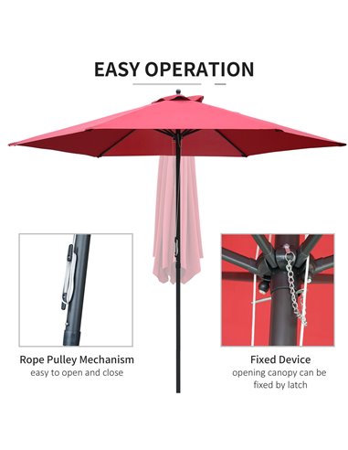 Outsunny 2.8m Patio Parasols Umbrellas Outdoor 6 Ribs Sunshade Canopy Manual Push Garden Backyard Furniture, Wine Red 84D-067WR
