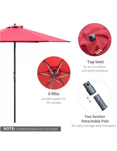 Outsunny 2.8m Patio Parasols Umbrellas Outdoor 6 Ribs Sunshade Canopy Manual Push Garden Backyard Furniture, Wine Red 84D-067WR