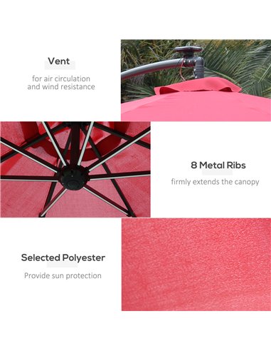Outsunny 3m LED Patio Banana Umbrella Cantilever Parasol w/ Crank Cross Base Hanging Offset Umbrella Frame Steel  Aluminium Gard