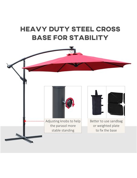 Outsunny 3m LED Patio Banana Umbrella Cantilever Parasol w/ Crank Cross Base Hanging Offset Umbrella Frame Steel  Aluminium Gard - pic 48222 | FastDaddyshop