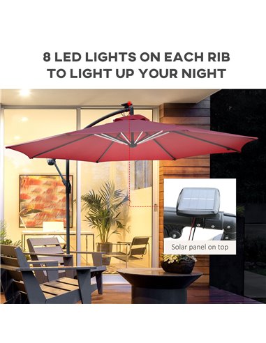 Outsunny 3m LED Patio Banana Umbrella Cantilever Parasol w/ Crank Cross Base Hanging Offset Umbrella Frame Steel  Aluminium Gard