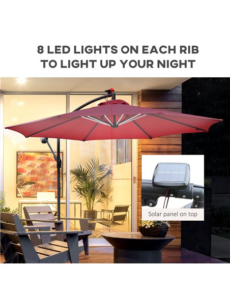 Outsunny 3m LED Patio Banana Umbrella Cantilever Parasol w/ Crank Cross Base Hanging Offset Umbrella Frame Steel  Aluminium Gard - pic 48223 | FastDaddyshop