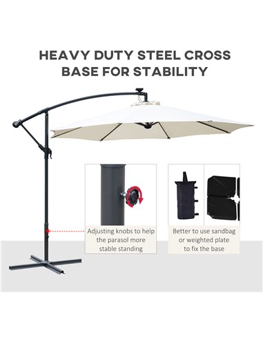 Outsunny 3(m) LED Cantilever Parasol Banana Garden Umbrella with Solar Lights, Crank Handle and Cross Base, Hanging Sun Shade, O