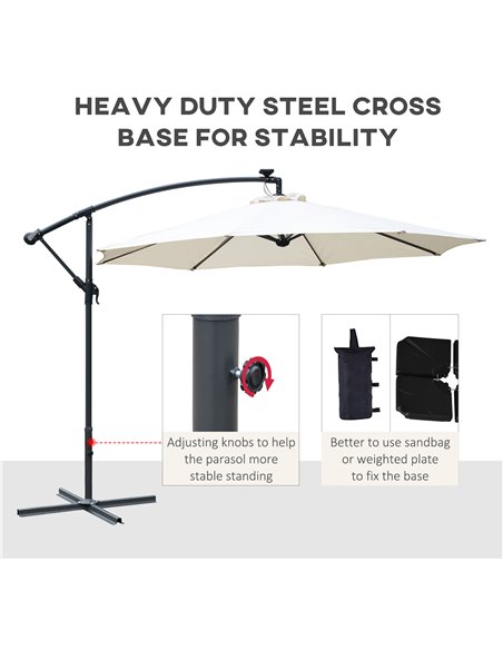 Outsunny 3(m) LED Cantilever Parasol Banana Garden Umbrella with Solar Lights, Crank Handle and Cross Base, Hanging Sun Shade, O - pic 48240 | FastDaddyshop