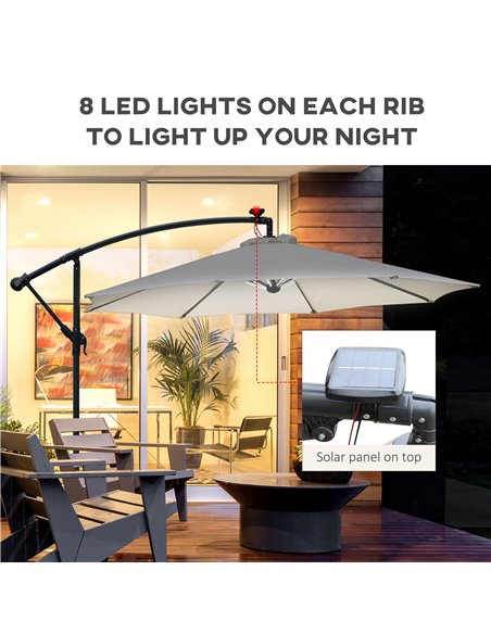 Outsunny 3(m) LED Cantilever Parasol Banana Garden Umbrella with Solar Lights, Crank Handle and Cross Base, Hanging Sun Shade, O - pic 48241 | FastDaddyshop