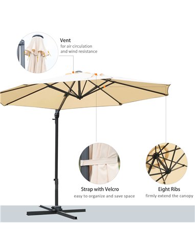 Outsunny 3(m) Patio Offset Parasol Roma Umbrella Cantilever Hanging Sun Shade Canopy Shelter 360° Rotation with Cross Base - Bei